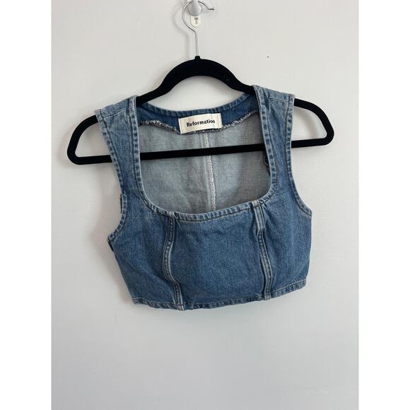 Reformation Tops - Reformation Denim Crop Top Women 0 Blue Square Neck Corset Stitch Tank
